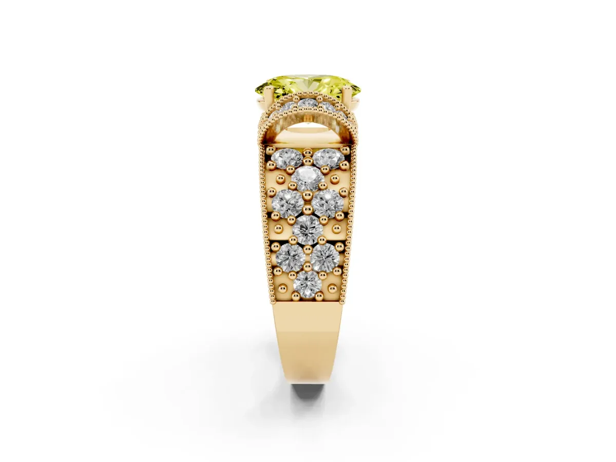 Fancy Yellow Oval Cut Halo Pave Diamond Engagement Ring with Milgrain Detailing Yellow gold