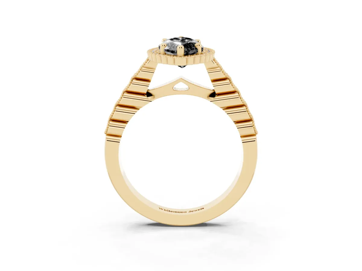 Fancy Black Marquise Cut Cut Halo Pavé Solitaire Ring with Milgrain Band Yellow gold
