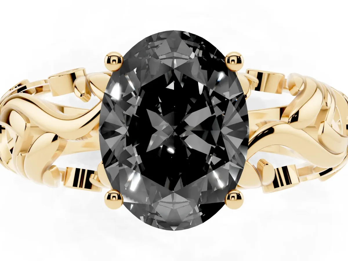 Fancy Black Oval Cut Solitaire Diamond Leaf-Inspired Vine Band Ring with Prong Setting Yellow gold