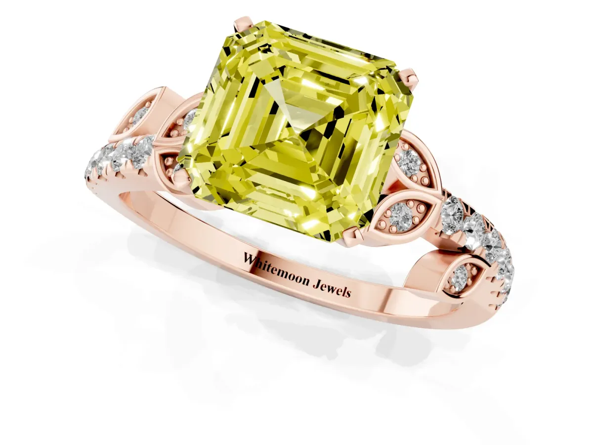 Fancy Yellow Asscher Cut Solitaire Leaf-Inspired Diamond Ring with Pavé Band and Four-Prong Setting Rose gold