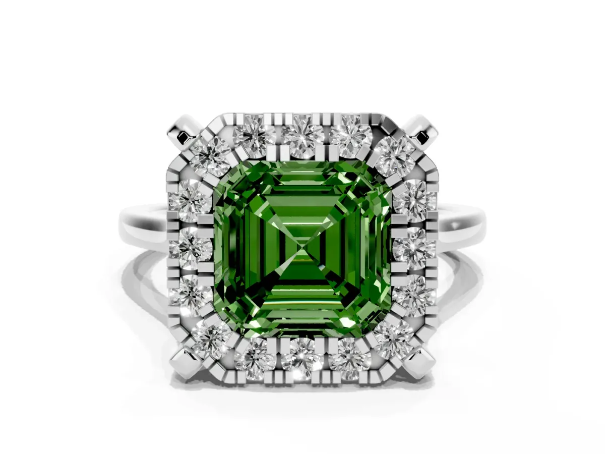 Fancy Green Asscher Cut Diamond Cluster Halo Solitaire with Four-Prong Setting Silver
