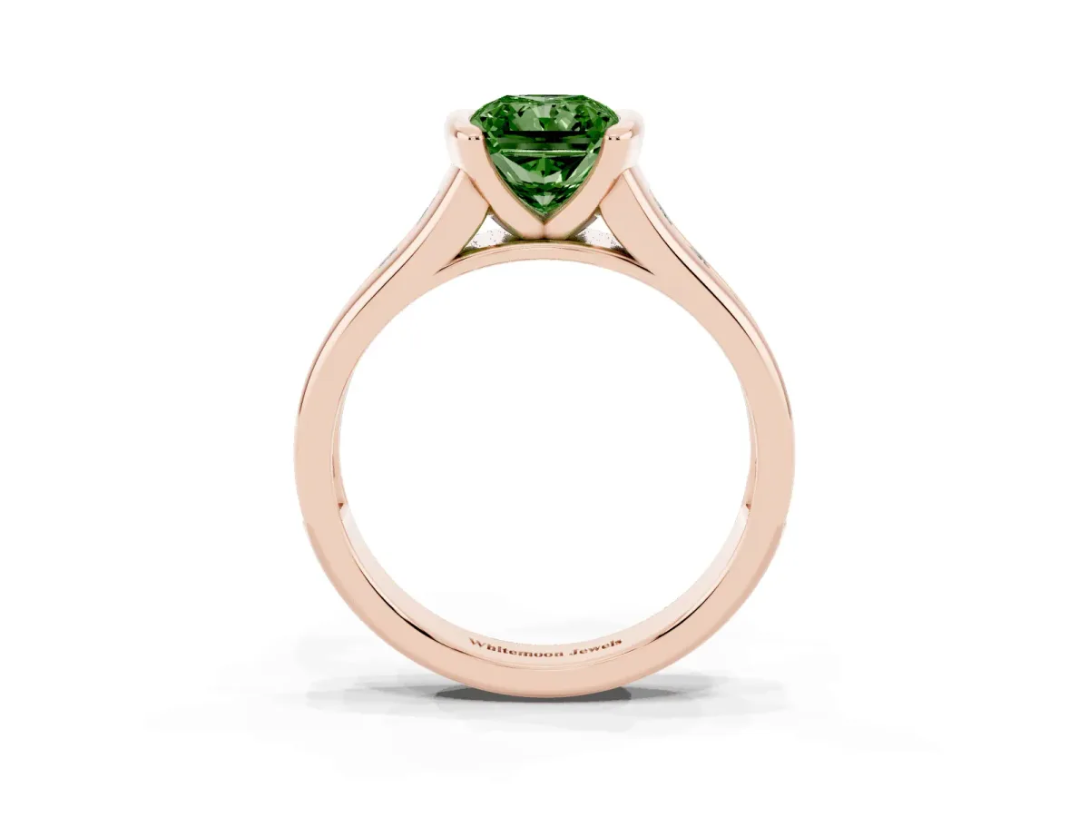 Fancy Green Radiant Cut Solitaire Bezel-Set Diamond Ring with Channel-Set Band Rose gold