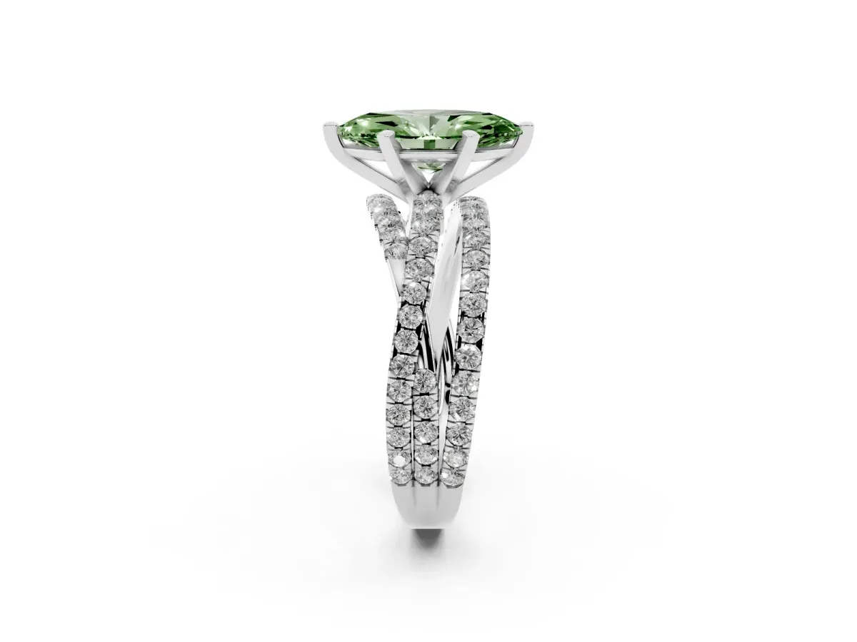 Fancy Green Marquise Cut Solitaire Twist Band with Pavé Setting and Four-Prong Setting Platinum