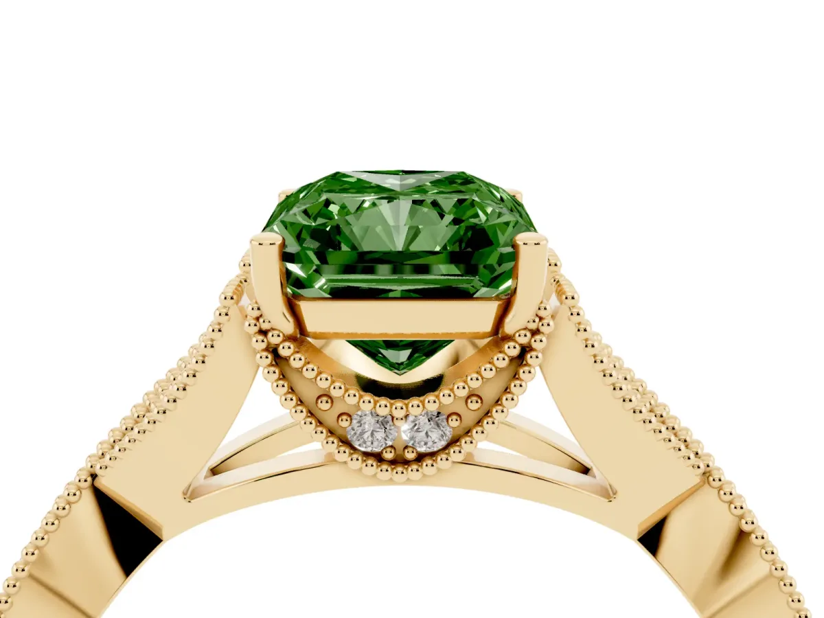 Fancy Green Radiant Cut Cut Diamond Twisted Band with Milgrain Pave Setting and Four-Prong Setting Yellow gold