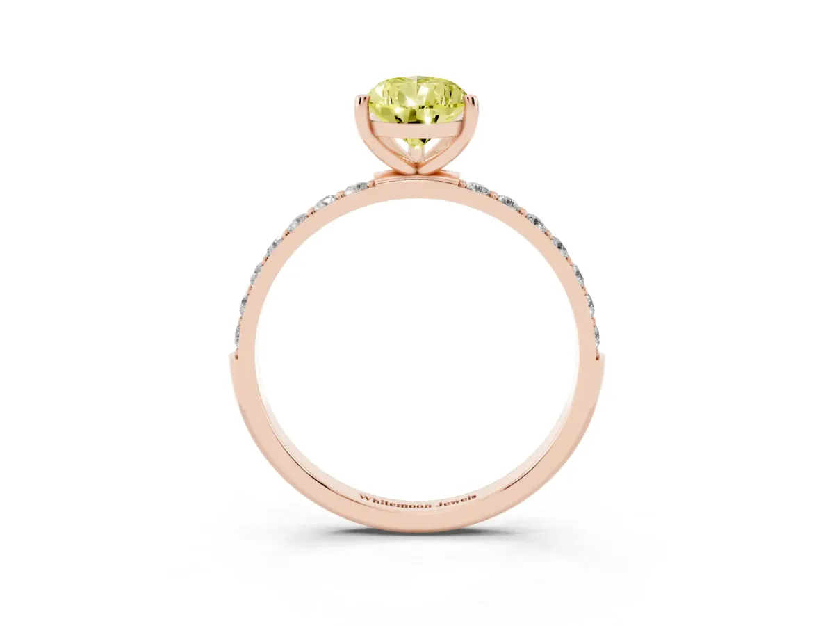 Fancy Yellow Pear Cut Diamond Solitaire Ring with Round Pavé Shoulders and Prong Setting Rose gold