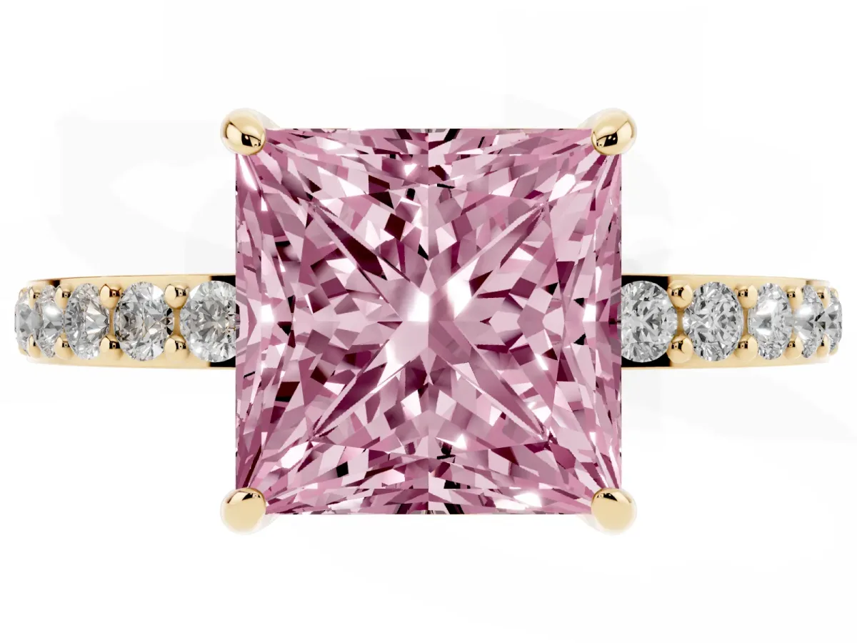 Fancy Pink Princess Cut Diamond Solitaire Engagement Ring with Pavé Band and Four-Prong Setting Yellow gold