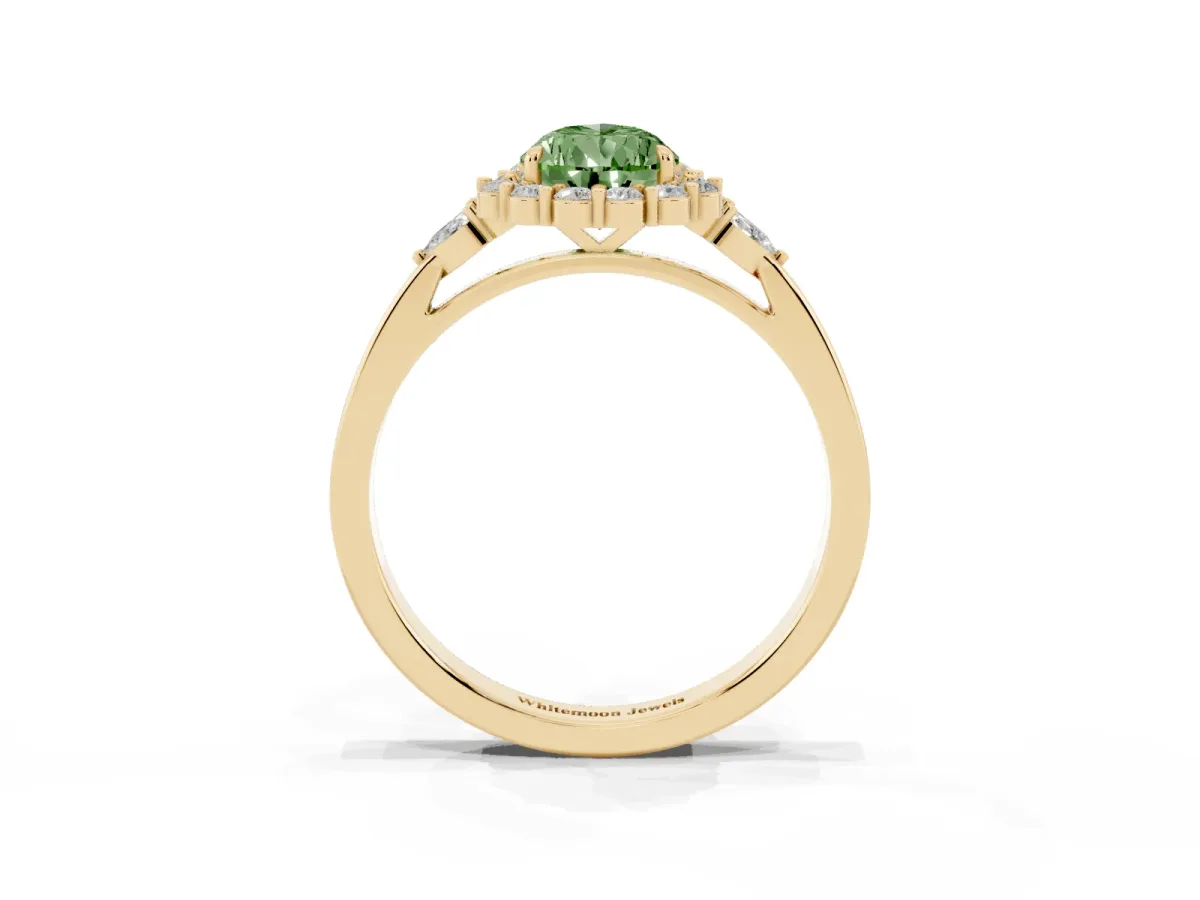 Fancy Green Pear Cut Diamond Halo Ring with Pear Side Stones and Prong Setting Yellow gold