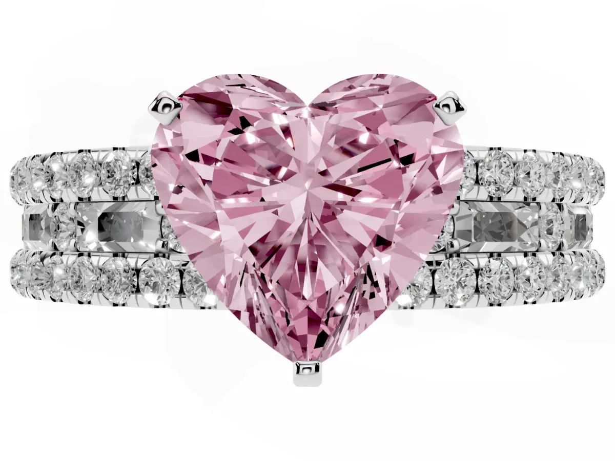 Fancy Pink Heart Cut Diamond Solitaire Ring with Pavé and Channel Set Band White gold