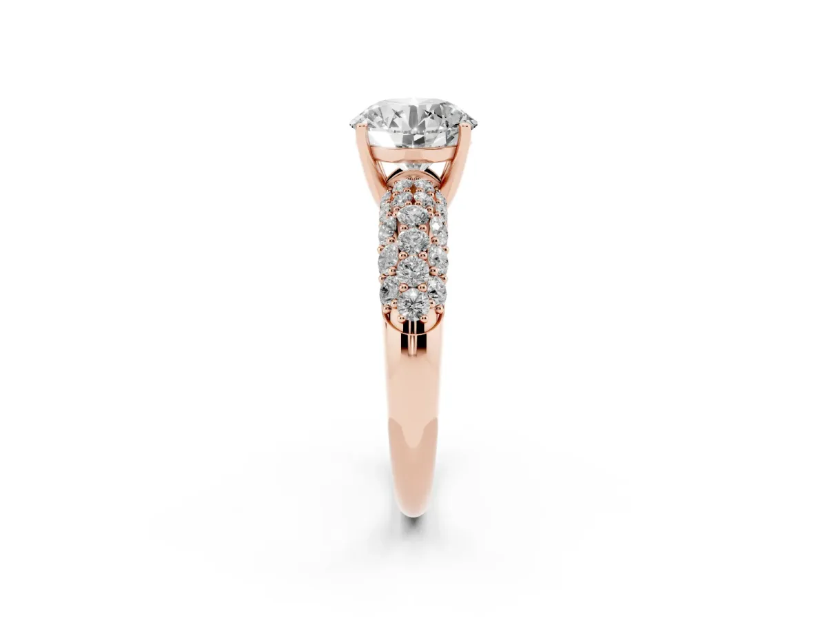 Round Cut Diamond Pavé Band Solitaire Ring with Four-Prong Setting Rose gold