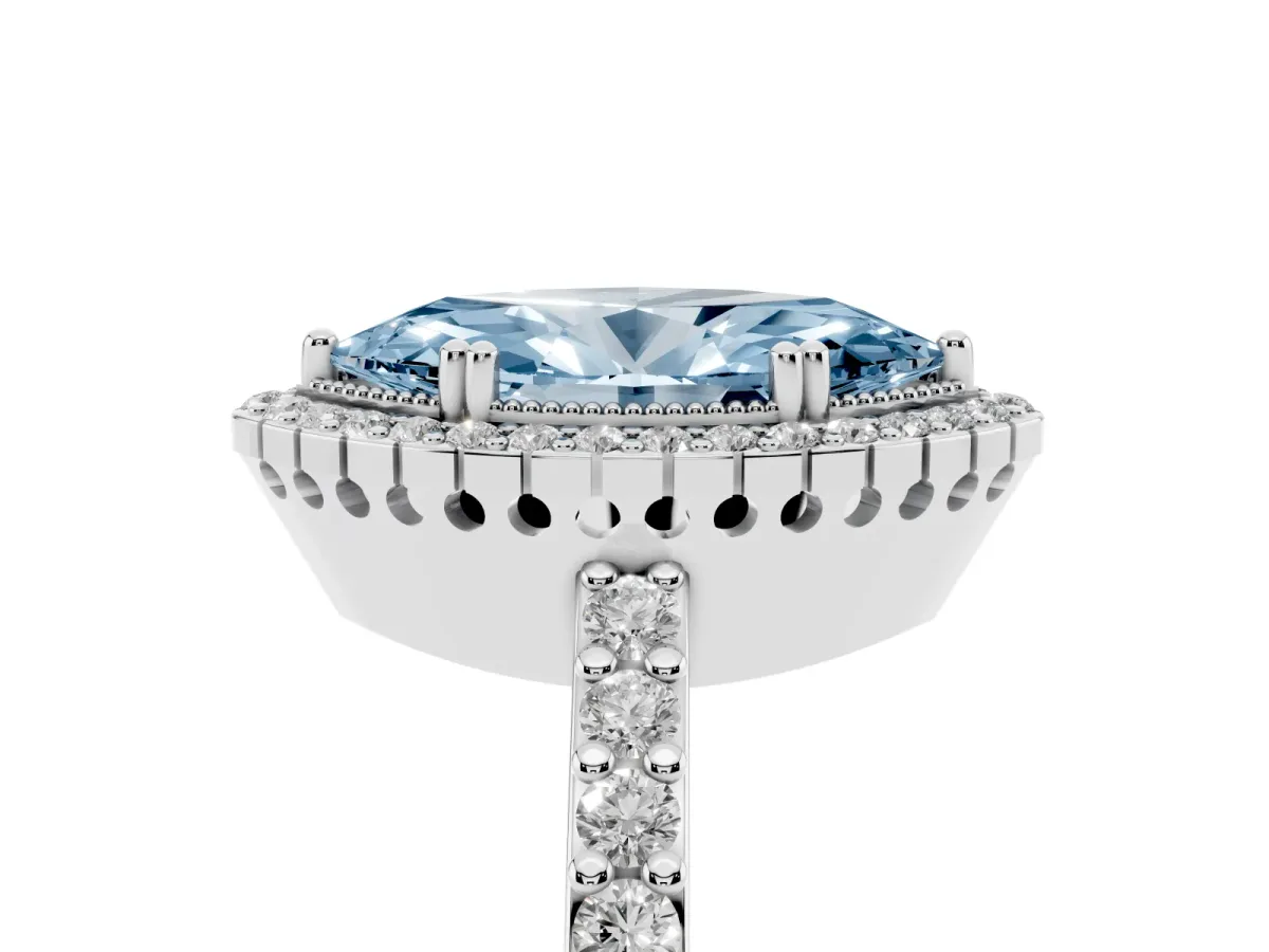 Fancy Blue Marquise Cut Cut Diamond Halo Engagement Ring with Milgrain Detail and Pavé Band White gold