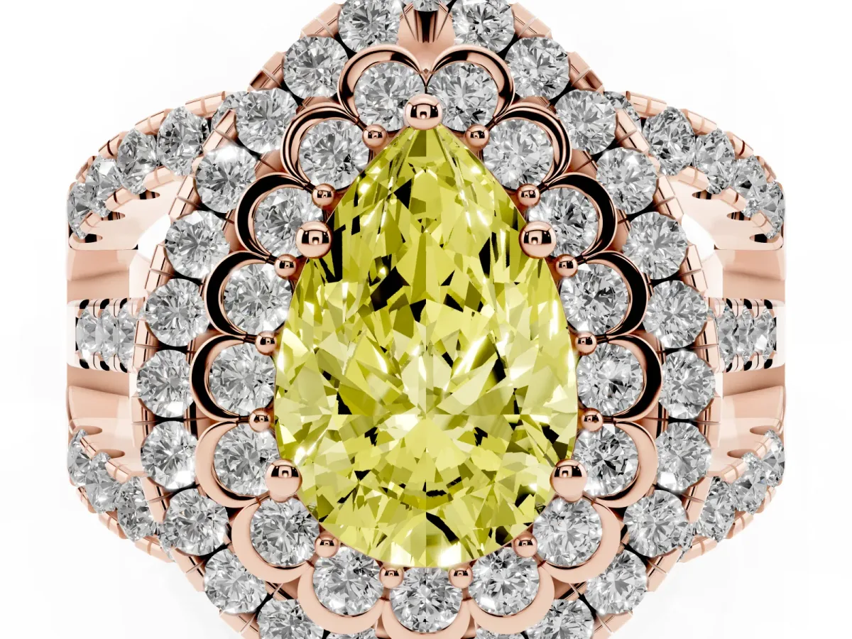 Fancy Yellow Pear Cut Diamond Double Halo Ring with Round Pavé Split Shank and Prong Setting Rose gold