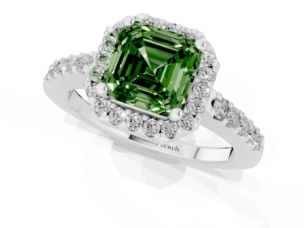 Fancy Green Asscher Cut Halo Diamond Pavé Solitaire Ring Silver