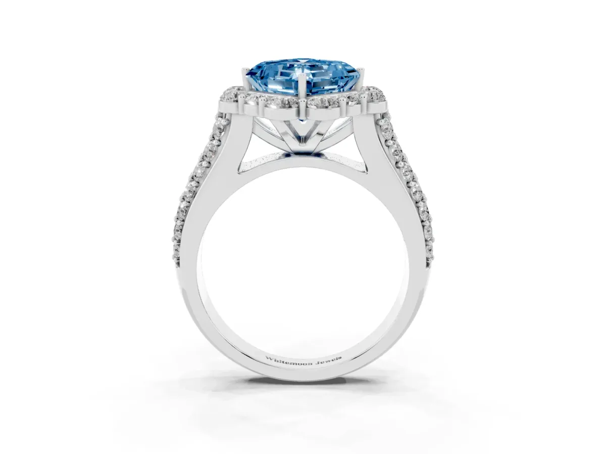 Fancy Blue Asscher Cut Halo Diamond Engagement Ring with Split Shank and Prong Setting Silver