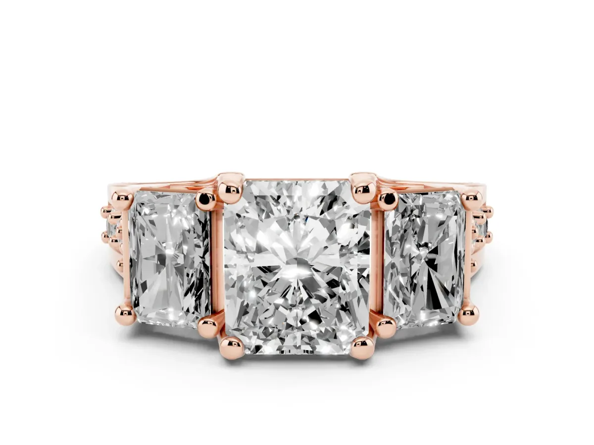 Radiant Cut Diamond Three-Stone Ring with Channel Set Band and Four-Prong Setting Rose gold