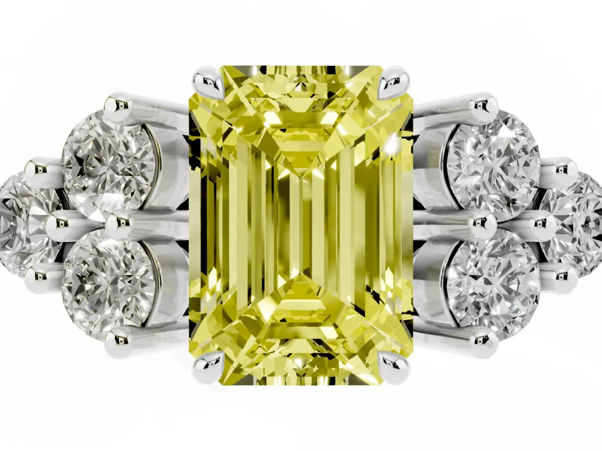 Fancy Yellow Emerald Cut Brilliant Diamond Cluster Accent Solitaire Ring with Prong Setting White gold