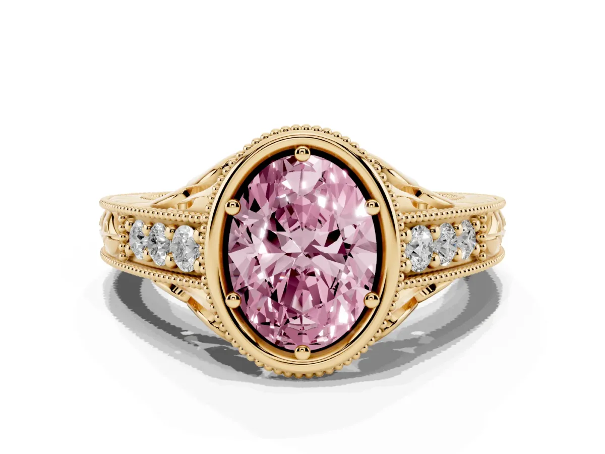 Fancy Pink Bezel Set Oval Cut Diamond Milgrain Pave Engagement Ring Yellow gold
