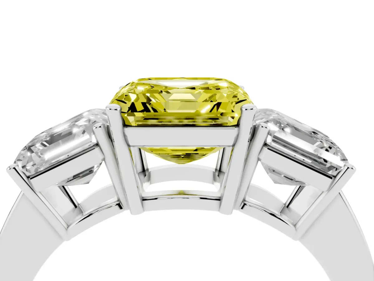 Fancy Yellow Three-Stone Asscher Cut Cut Diamond Engagement Ring with Flat Band and Four-Prong Setting Silver