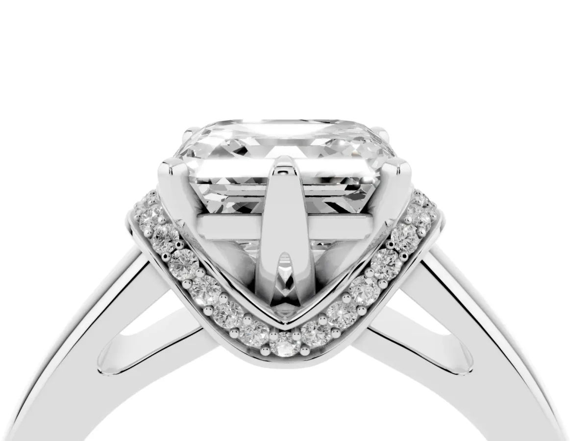 Asscher Cut Solitaire Diamond Ring with Pave Band and Six-Prong Setting Silver