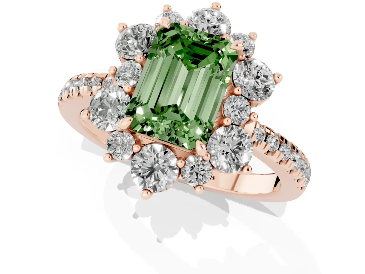 Fancy Green Emerald Cut Diamond Floral Halo Ring with Round Pavé Band and Prong Setting Rose gold