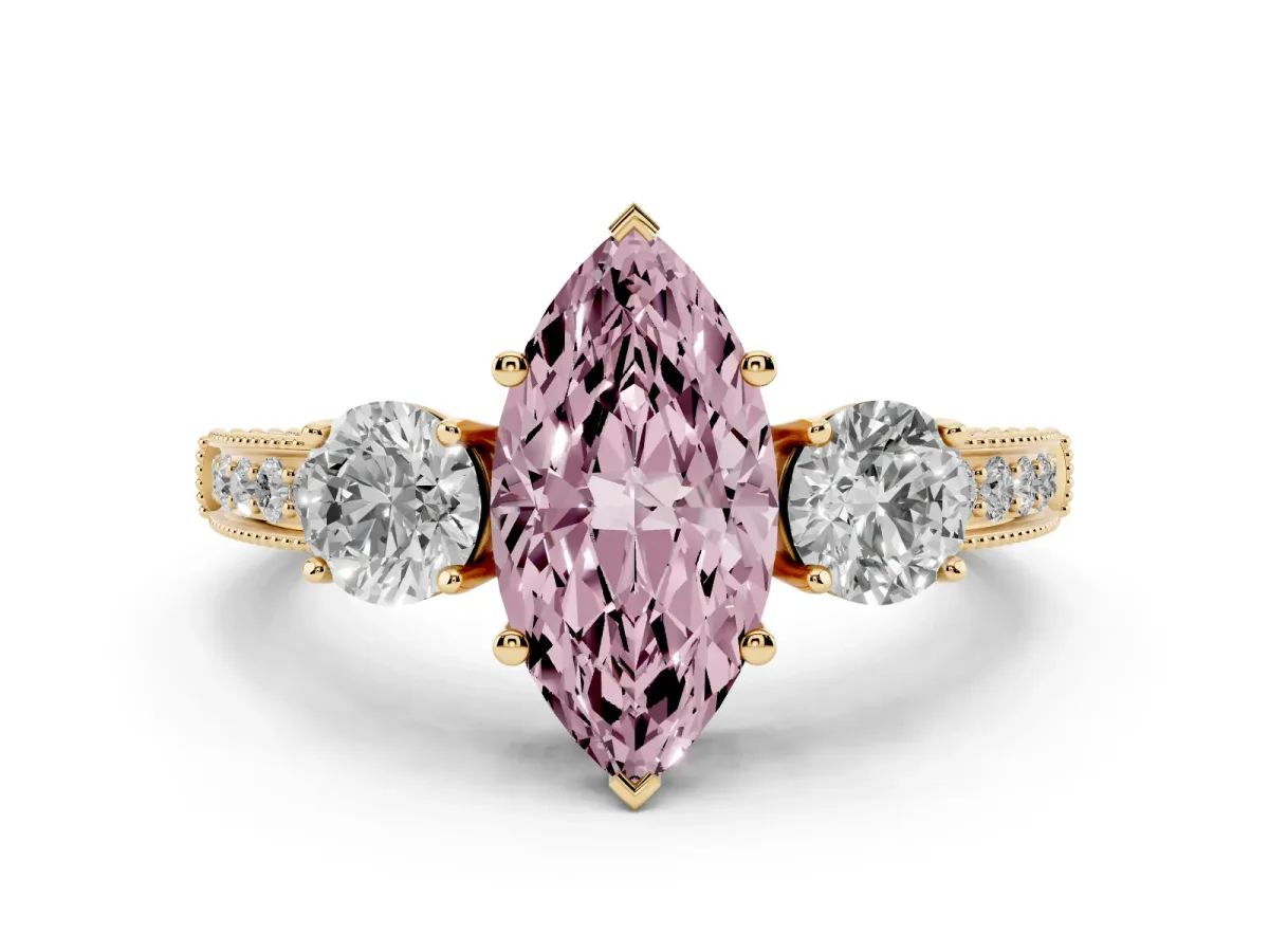 Fancy Pink Marquise Cut Three-Stone Diamond Ring with Pavé Band and Four-Prong Setting Yellow gold