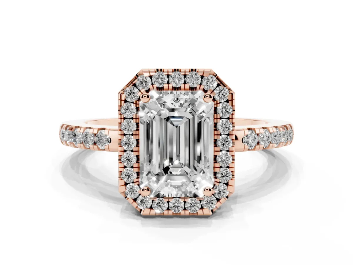 Emerald Cut Halo Diamond Engagement Ring with Pavé Band and Four-Prong Setting Rose gold