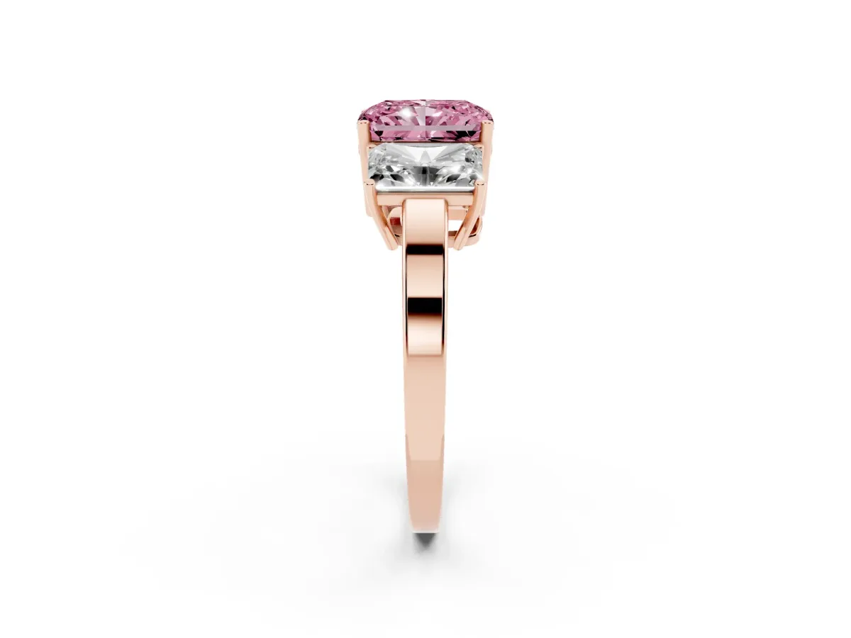 Fancy Pink Three-Stone Radiant Cut Cut Diamond Engagement Ring with Flat Band and Four-Prong Setting Rose gold