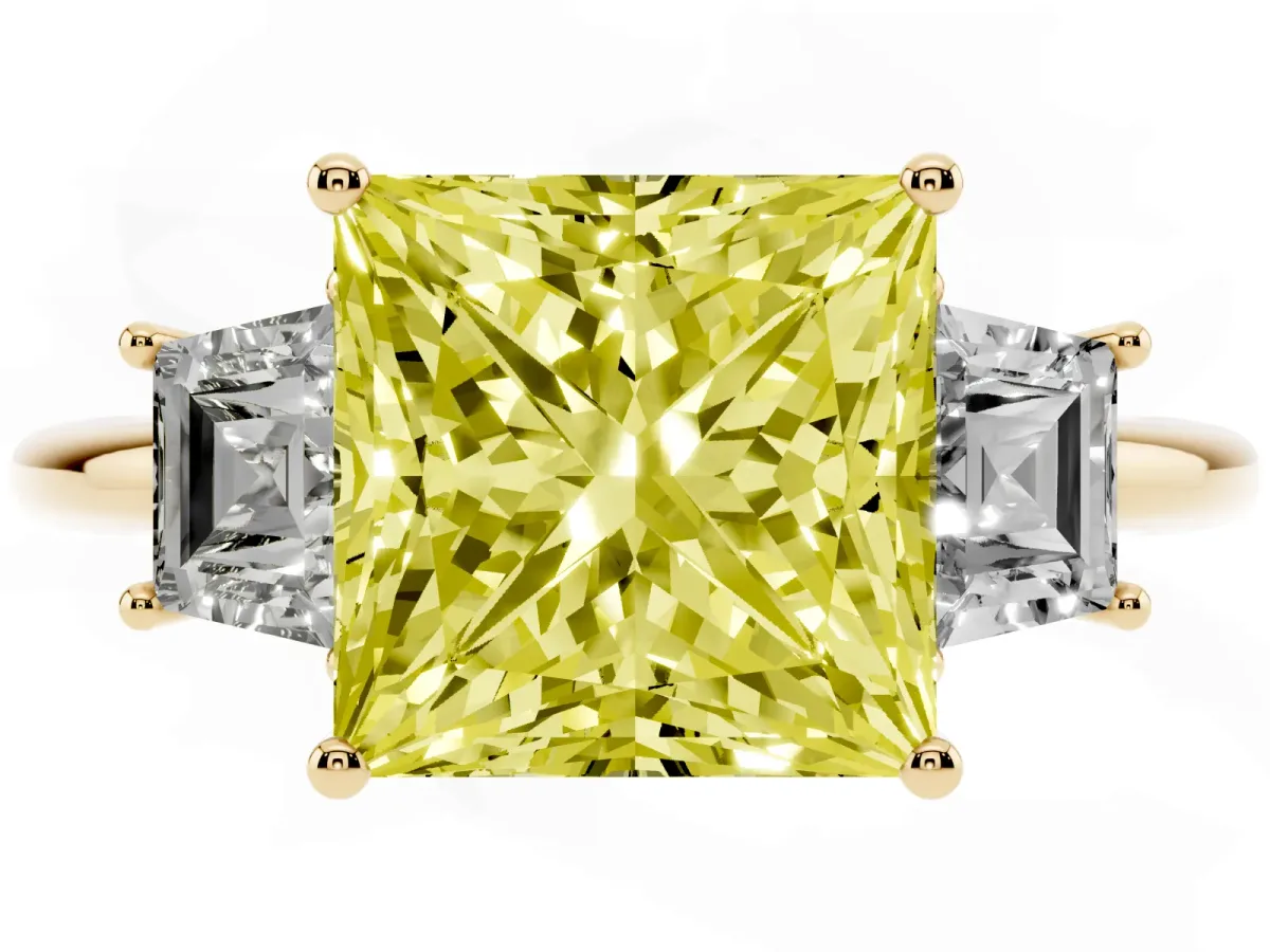 Fancy Yellow Princess Cut Diamond Three-Stone Ring with Trapezoid Side Stones and Prong Setting Yellow gold