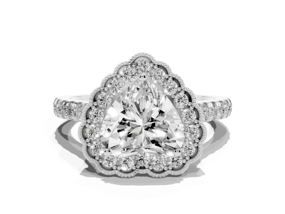 Heart Cut Cut Diamond Milgrain Floral Halo Engagement Ring with Pavé Band Silver
