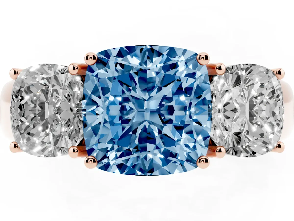 Fancy Blue Three-Stone Cushion Cut Cut Diamond Ring with Prong Setting and Classic Band Rose gold