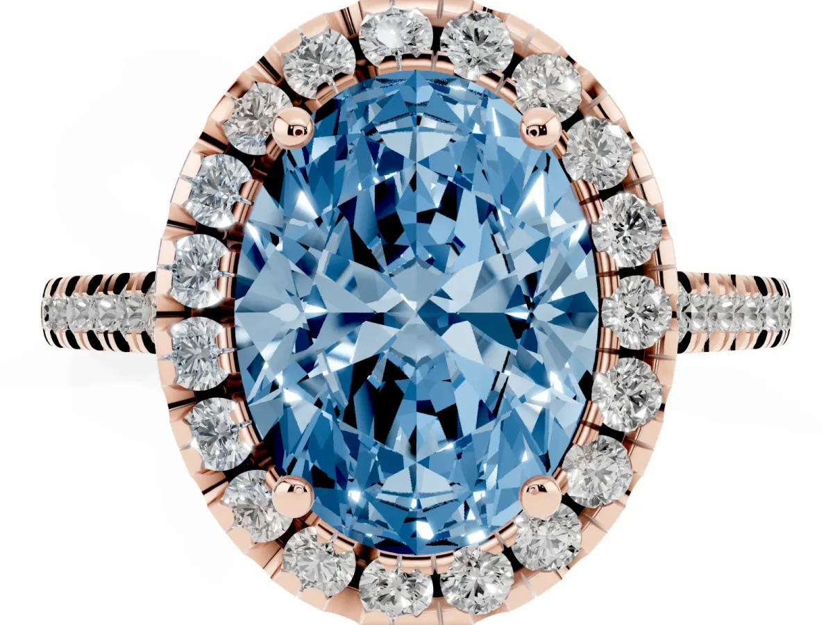 Fancy Blue Oval Cut Diamond Cushion Halo Ring with Pavé Band Rose gold
