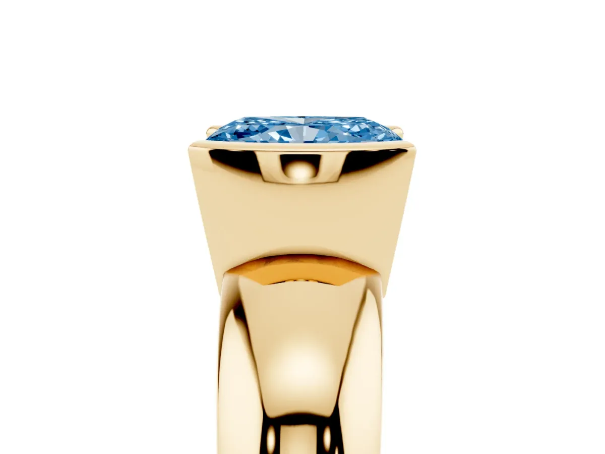 Fancy Blue Radiant Cut Solitaire Tension Set Diamond Ring with Wide Band Yellow gold