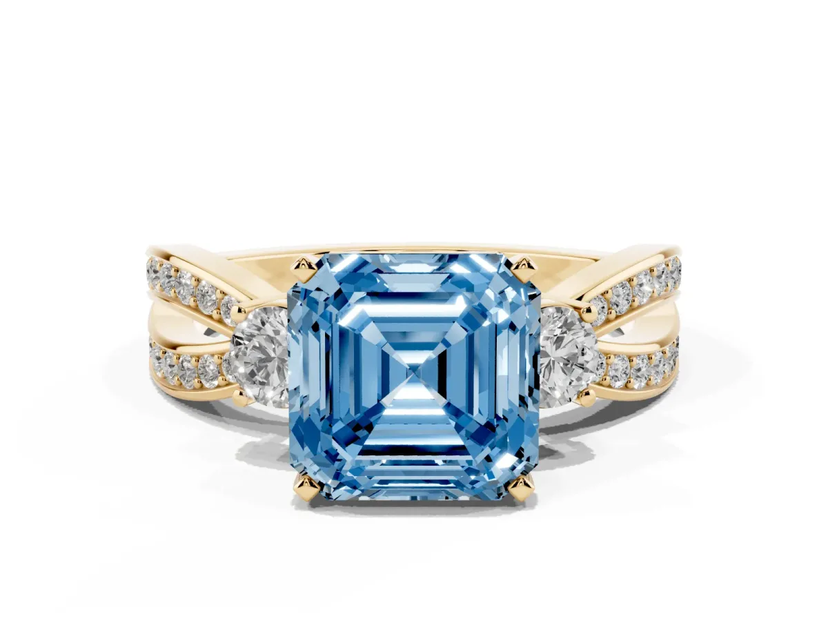 Fancy Blue Three-Stone Asscher Cut Cut Diamond Twist Band with Prong Setting Yellow gold