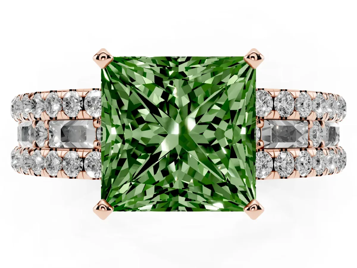 Fancy Green Princess Cut Diamond Solitaire Ring with Pavé and Channel Set Band Rose gold