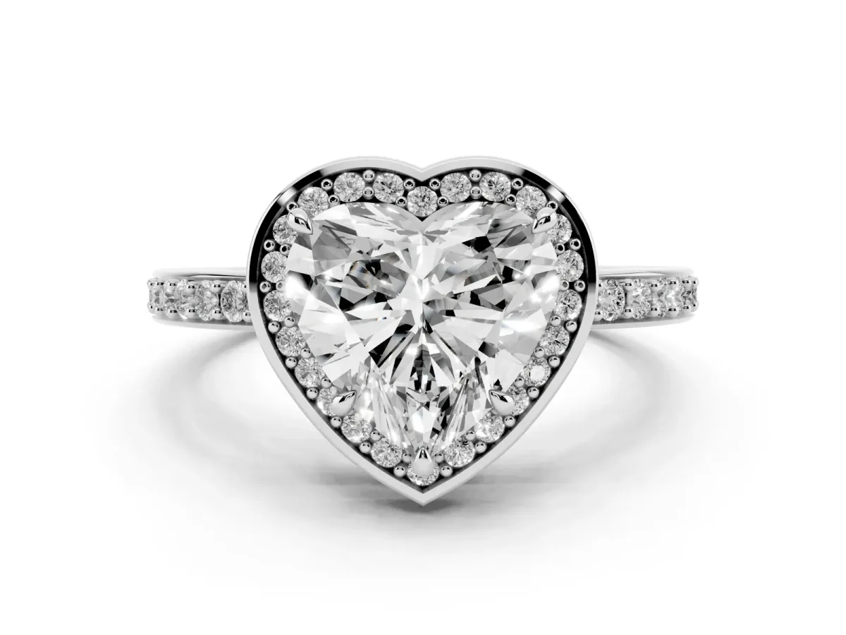 Heart Cut Halo Pave Band Solitaire Ring with Prong Setting Silver