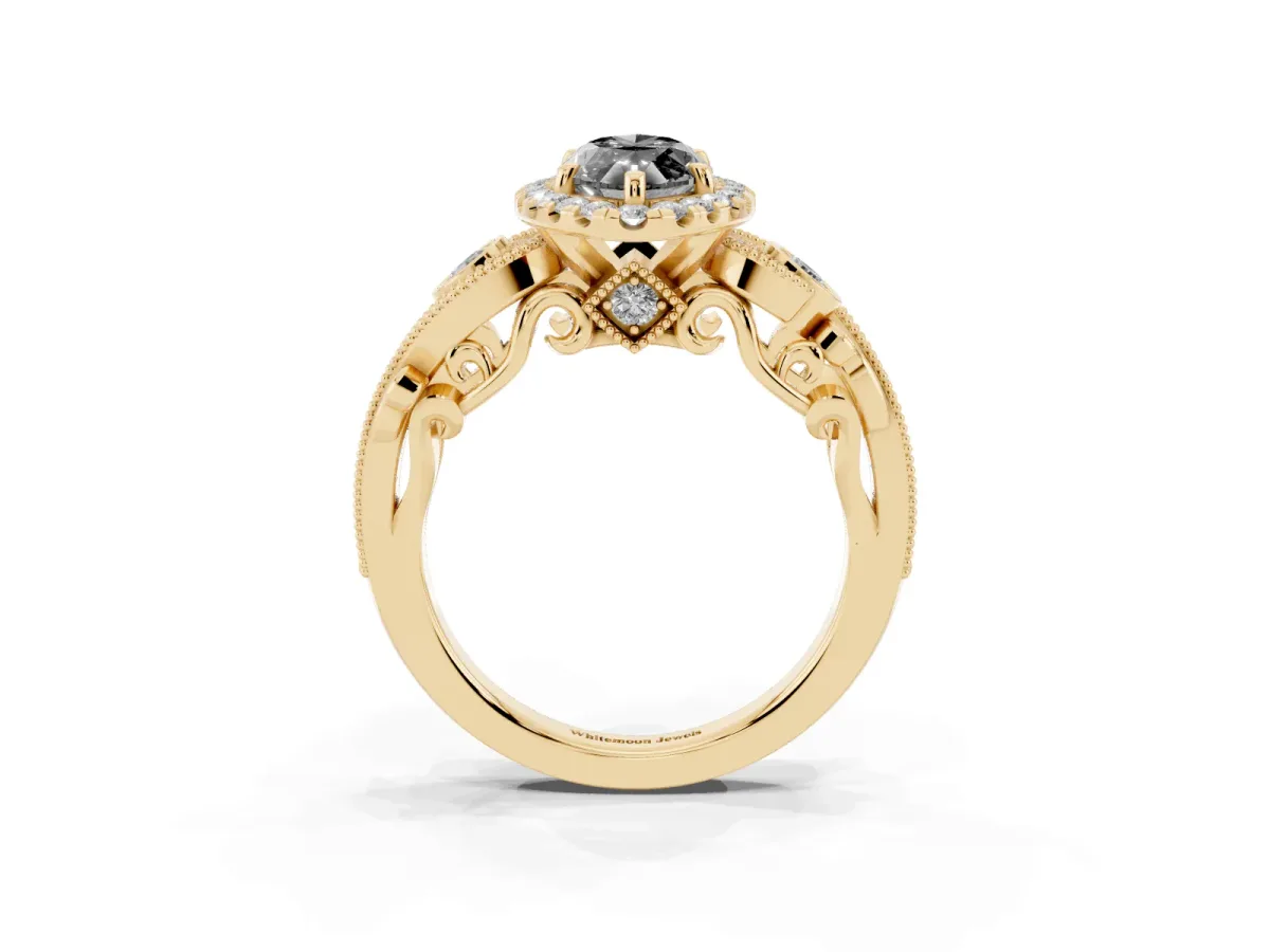 Fancy Black Marquise Cut Halo Diamond Ring with Milgrain and Bezel Accents on a Split Shank Band Yellow gold