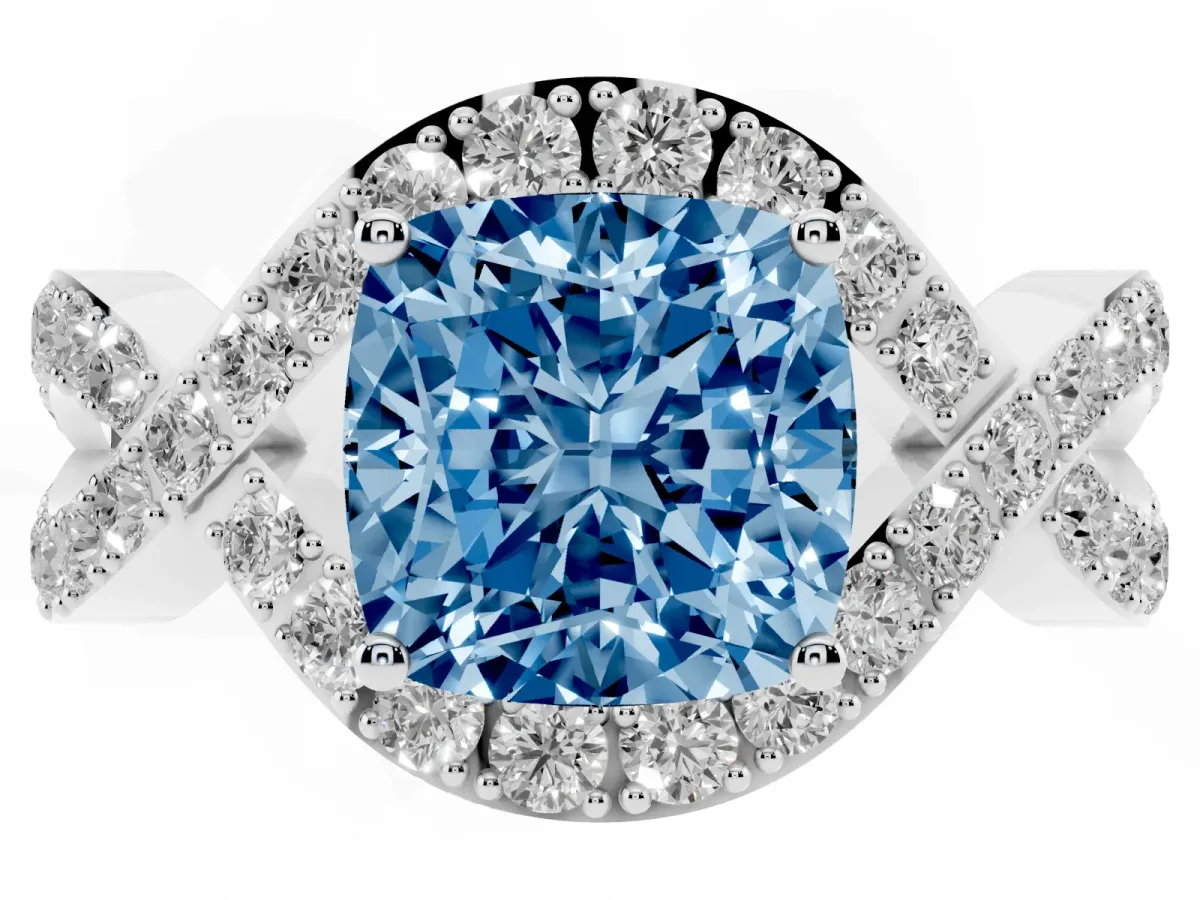 Fancy Blue Cushion Cut Solitaire Twist Band Pavé Diamond Engagement Ring White gold