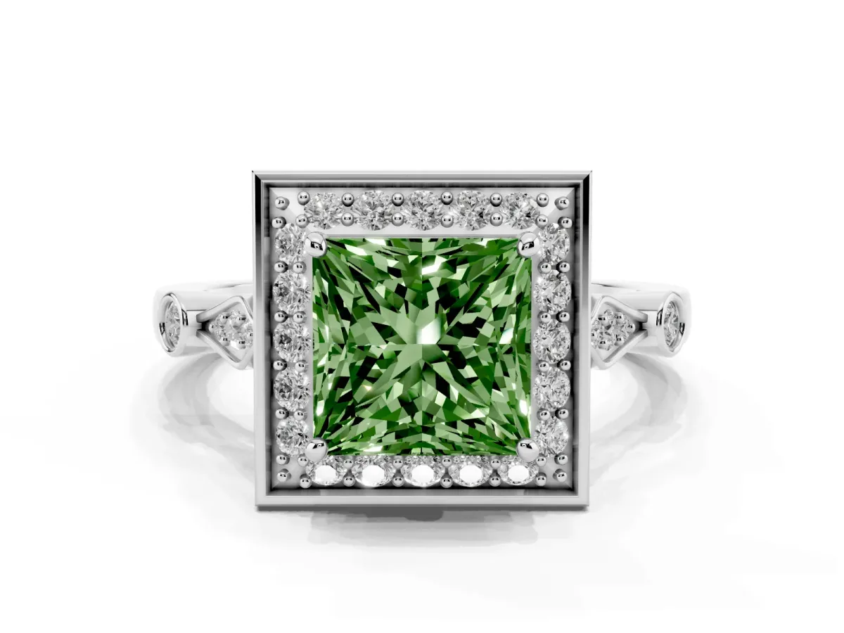 Fancy Green Princess Cut Halo Diamond Engagement Ring with Twisted Band and Four-Prong Setting White gold