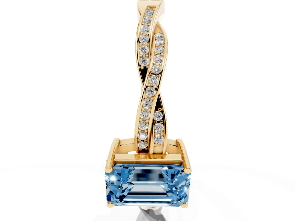 Fancy Blue Emerald Cut Solitaire Twisted Pave Diamond Ring with Four-Prong Setting Yellow gold