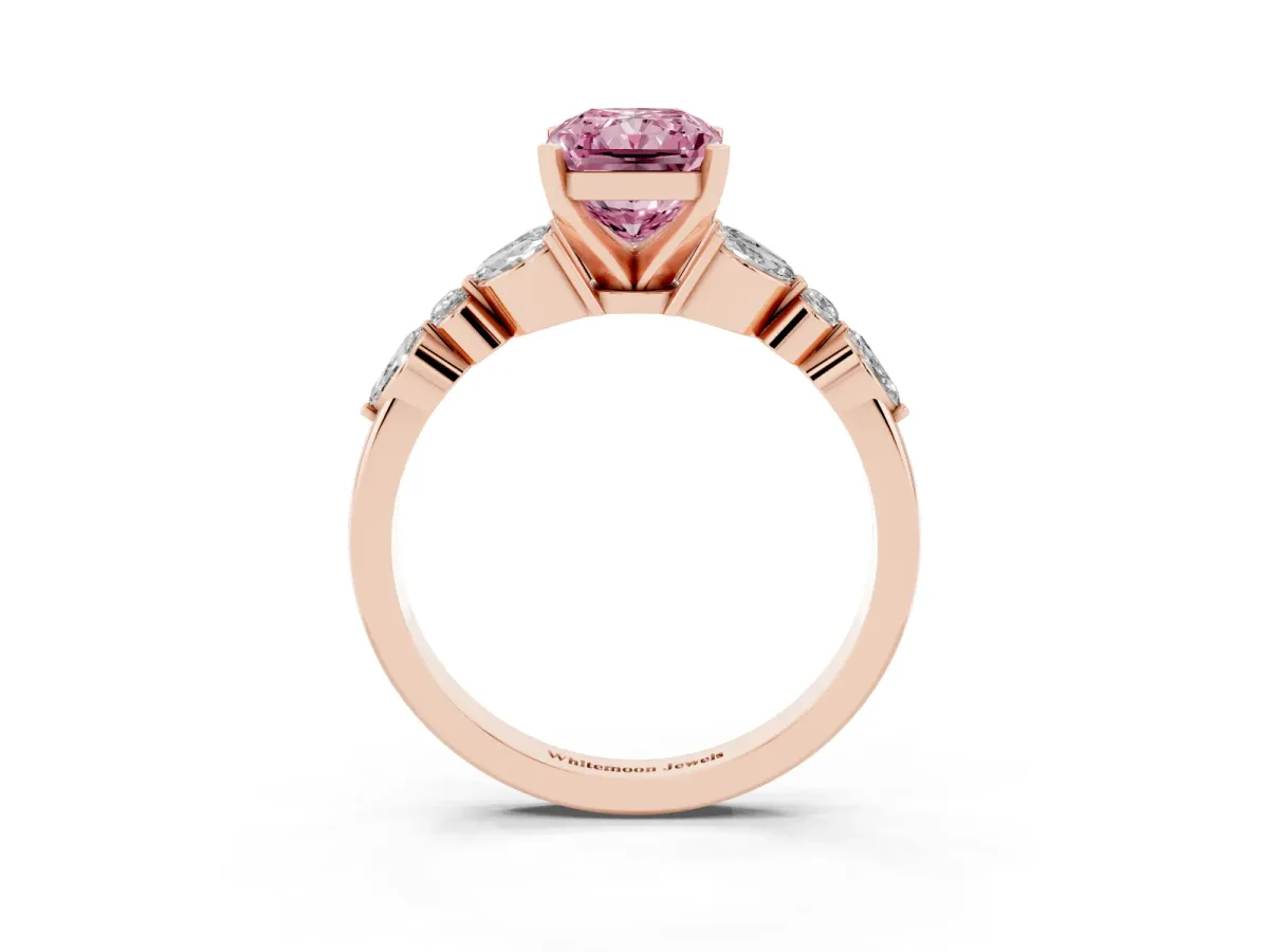 Fancy Pink Radiant Cut Diamond Solitaire Ring with Side Stones and Four-Prong Setting Rose gold