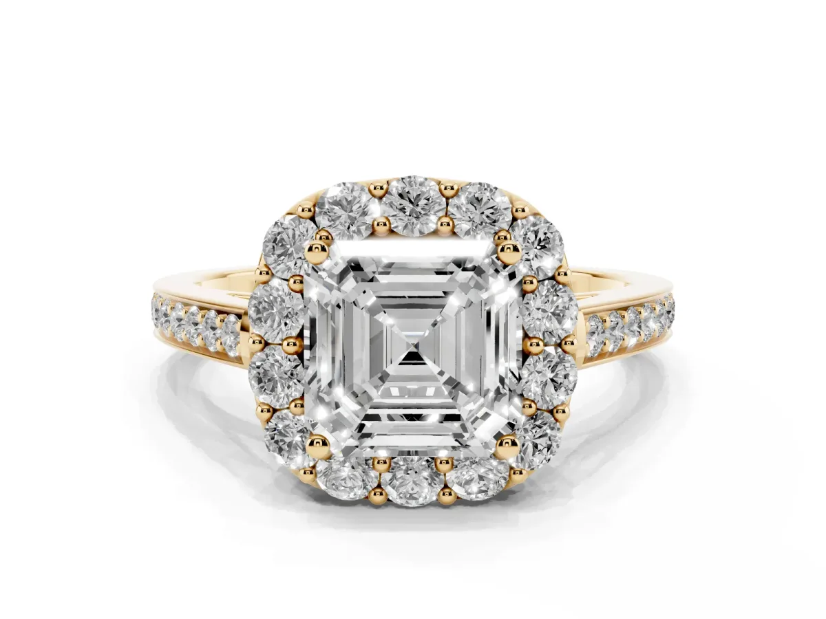 Asscher Cut Diamond Floral Halo Ring with Pavé Band and Prong Setting Yellow gold