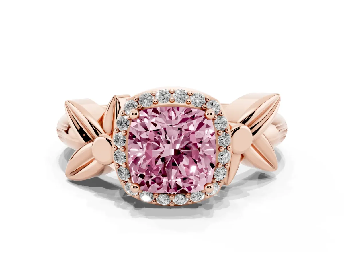 Fancy Pink Cushion Cut Halo Diamond Floral Band with Four-Prong Setting Rose gold