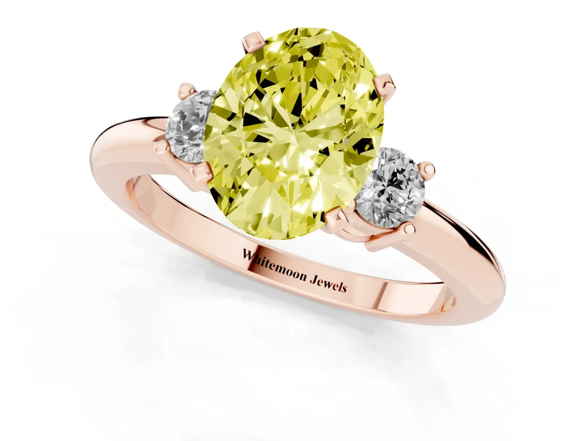 Fancy Yellow Three-Stone Oval Cut Cut Diamond Solitaire with Prong Setting and Classic Band Rose gold