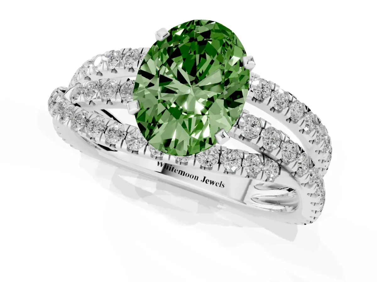 Fancy Green Oval Cut Solitaire Twist Band with Pavé Setting and Four-Prong Setting Silver