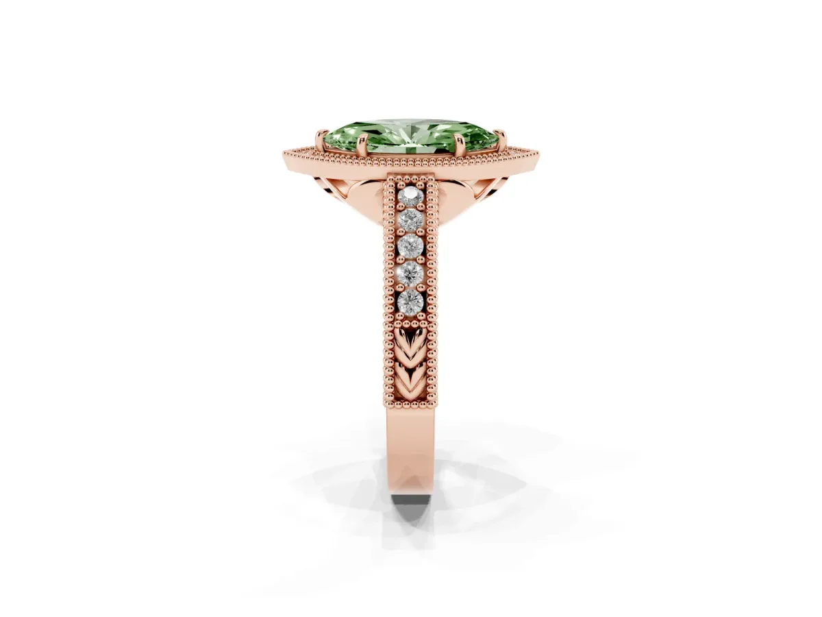 Fancy Green Marquise Cut Cut Halo Diamond Ring with Pavé Band and Four-Prong Setting Rose gold