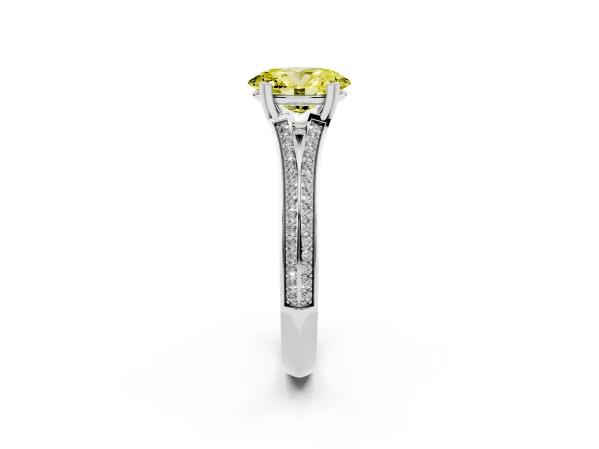 Fancy Yellow Oval Cut Diamond Split Shank Engagement Ring with Pavé Band Silver