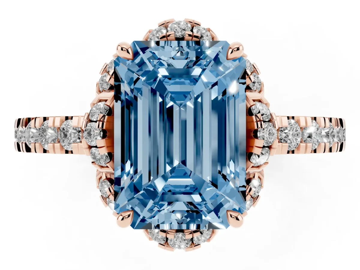 Fancy Blue Emerald Cut Diamond Halo Pave Band with Four-Prong Setting Rose gold