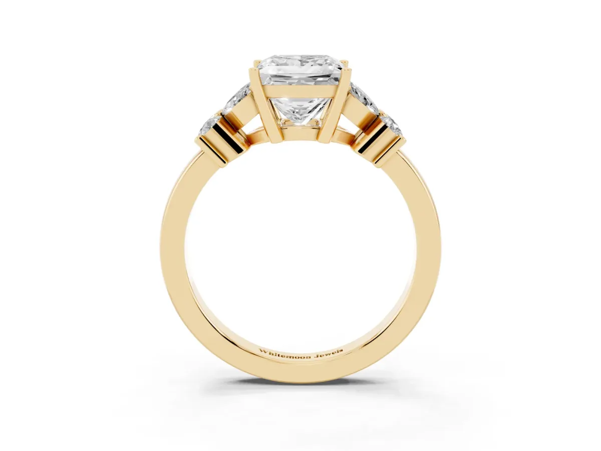 Princess Cut Diamond Floral Cluster Ring with Solitaire Band and Prong Setting Yellow gold