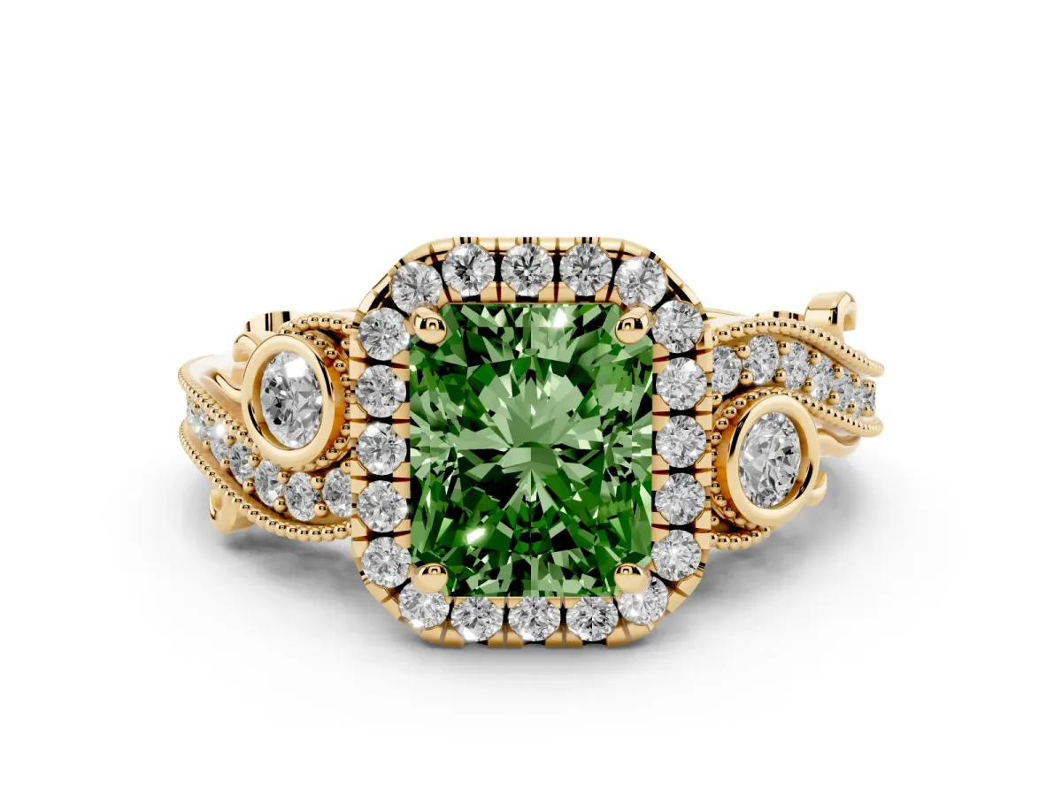 Fancy Green Radiant Cut Diamond Halo Ring with Milgrain Pavé Band and Four-Prong Setting Yellow gold