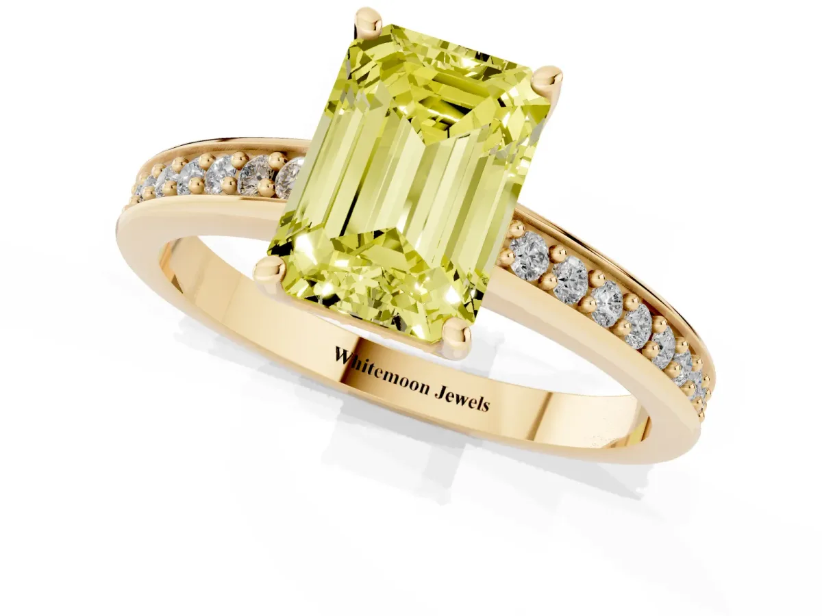 Fancy Yellow Emerald Cut Solitaire Pavé Band Prong Setting Ring Yellow gold