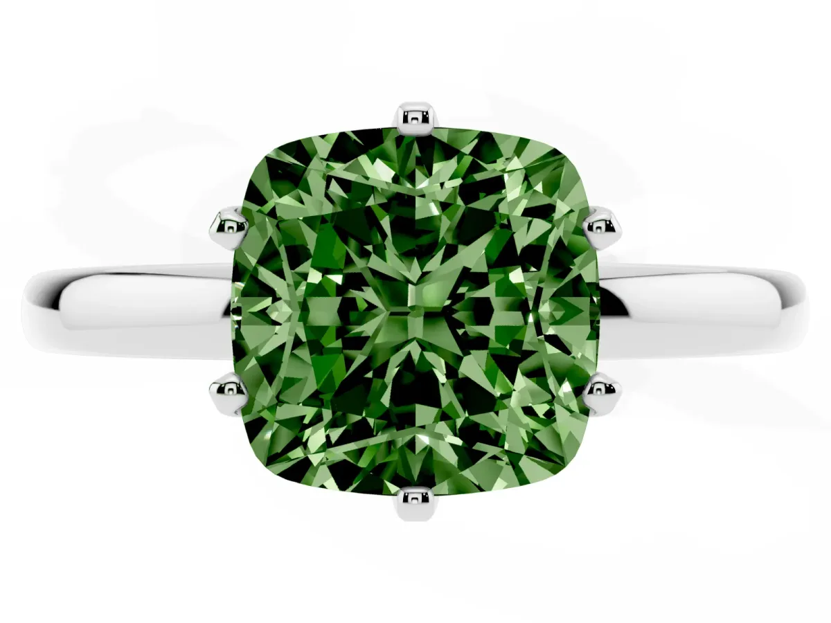 Fancy Green Cushion Cut Solitaire Diamond Ring with Six-Prong Setting on a Classic Band Silver